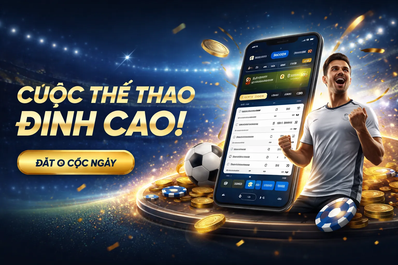 Sân vận động với trận đấu bóng đá đang diễn ra, ánh sáng xanh và vàng nổi bật, tượng trưng cho cá cược thể thao S6666 đăng nhập 2026.